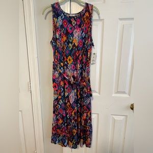 NWT Terra and Sky multi-colored dress. Length is mid-Calf, with tie and pockets.
